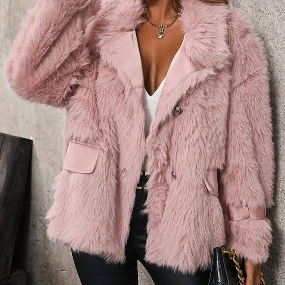 Coral Pink Women's Solid Open Front Fuzzy Coat - Picture 5 of 6